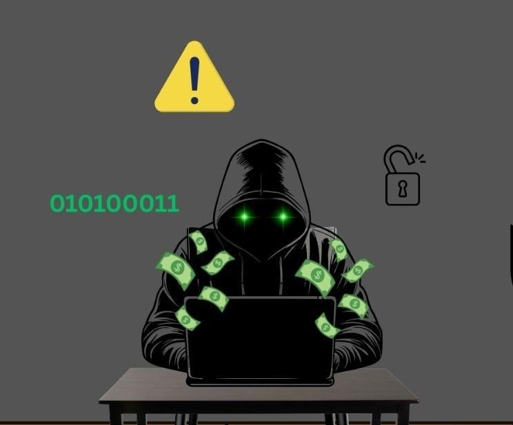 A hooded hacker at a laptop with glowing eyes and floating money — illustration of cyber threats